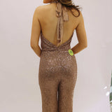 Eyes On Me Jumpsuit, Mocha Sequins
