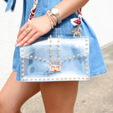 Boys Are Back Rhinestone Studded Clear Bag, Gold