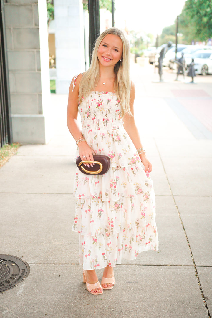 Olive Tiered Dress, Ivory Floral