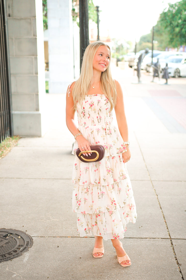 Olive Tiered Dress, Ivory Floral