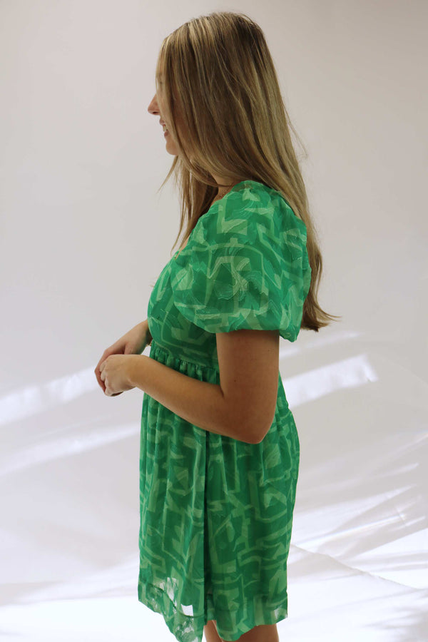 Go With The Flow Abstract Puff Sleeve Dress, Green