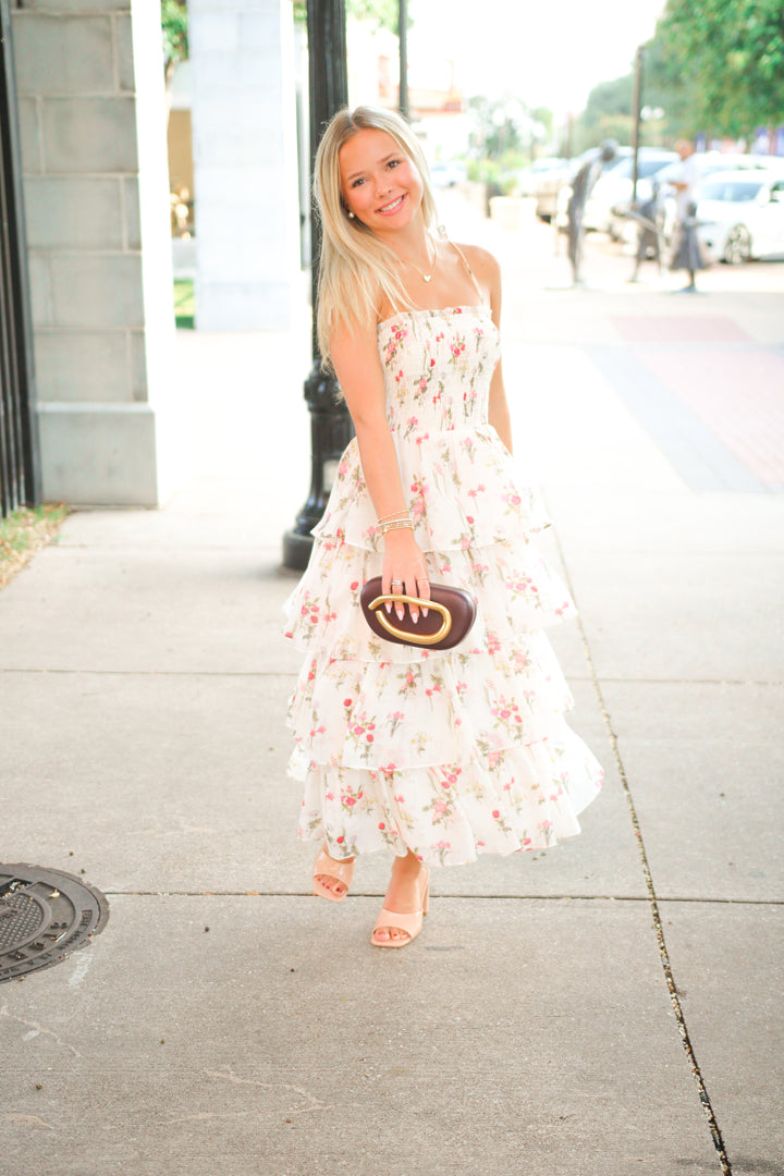 Olive Tiered Dress, Ivory Floral