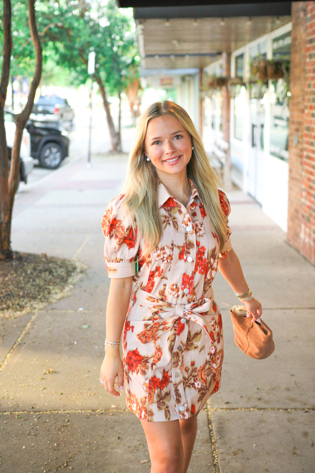 Lovely Moments Puff Sleeve Dress, Taupe/Red