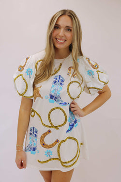 White Cowgirl Icon Poof Sleeve Dress