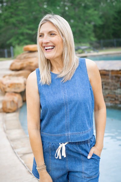 Sun Seeker Denim Cropped Tank, Deep Water