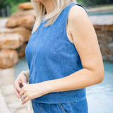 Sun Seeker Denim Cropped Tank, Deep Water
