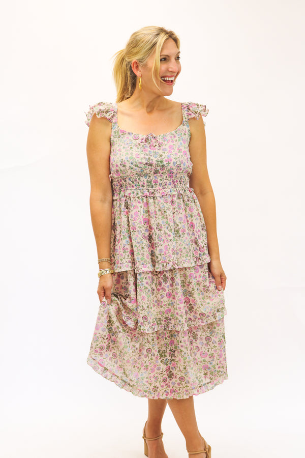 Touch of Whimsy Midi Dress, Pink & Green Combo