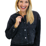 Collarless Crop Grommet Jacket, Washed Black