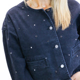 Collarless Crop Grommet Jacket, Washed Black