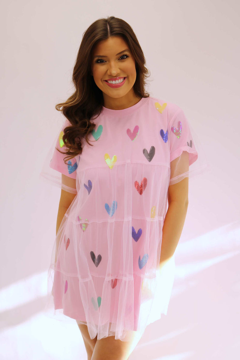 Light Pink Multi Heart Mesh Overlay Dress – Sabi Boutique
