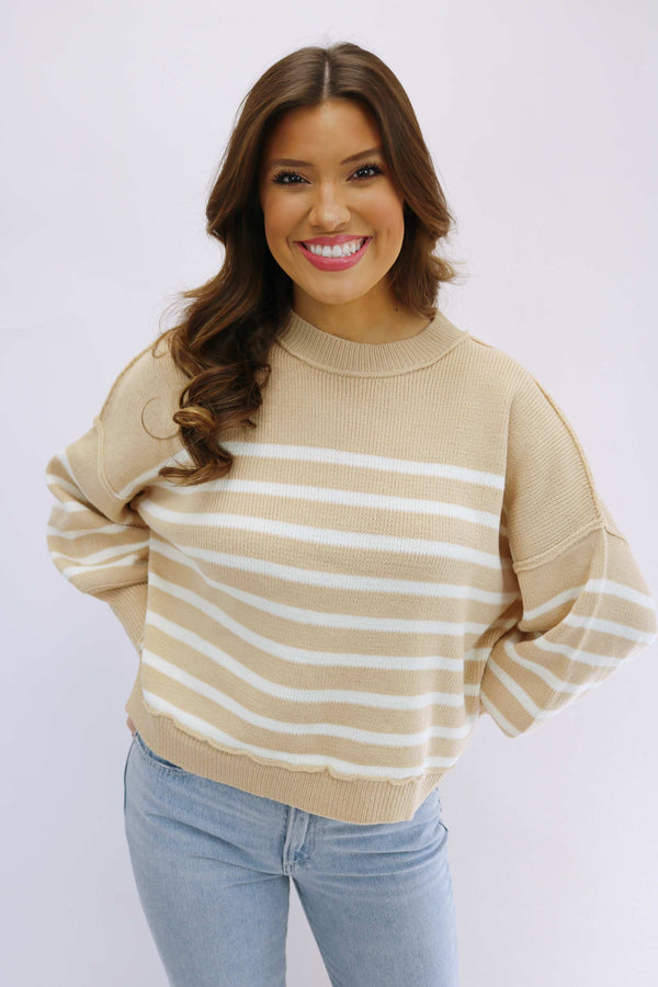Say You Will Striped Sweater Top, Taupe
