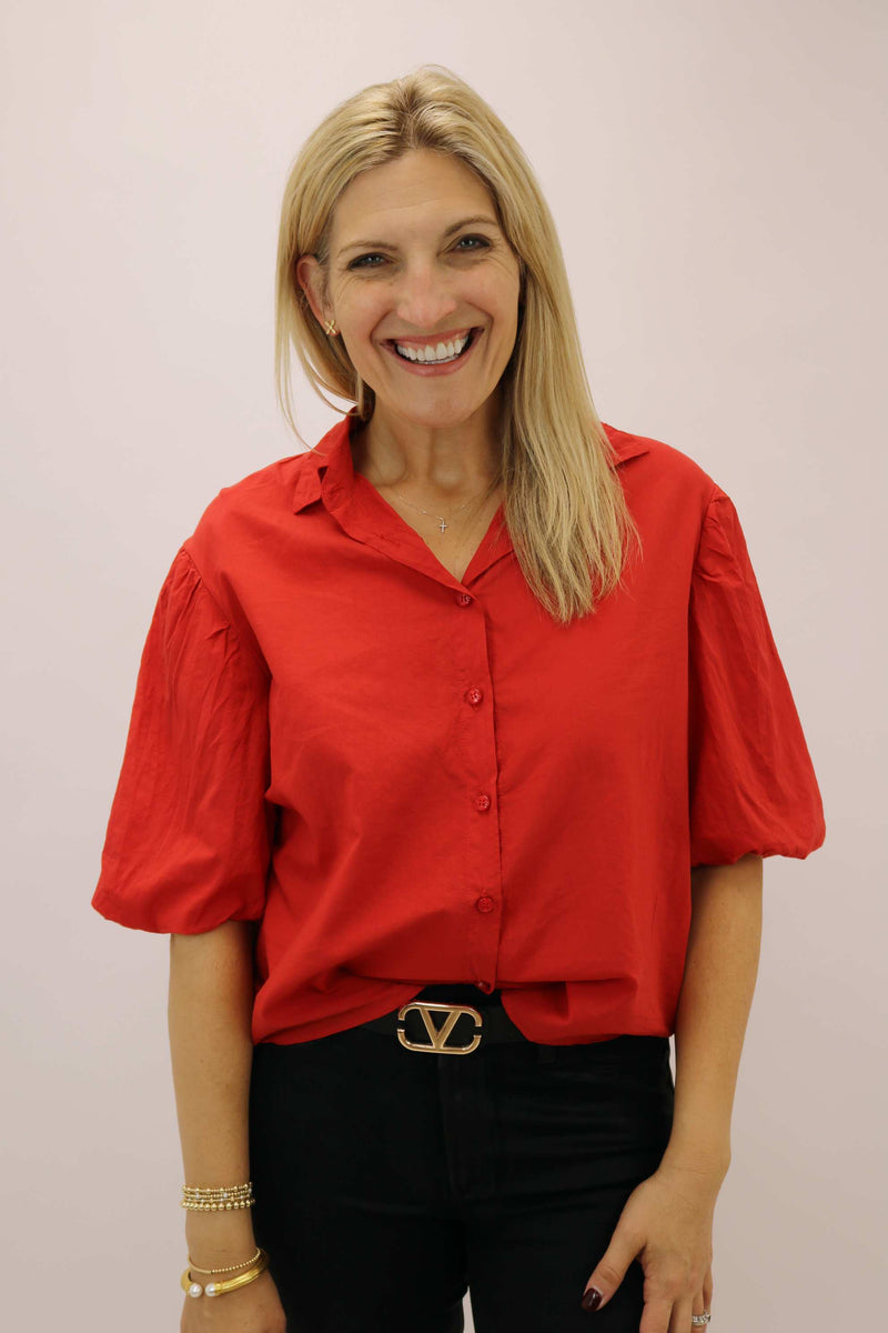 Puff Sleeve Button Top, Ribbon Red
