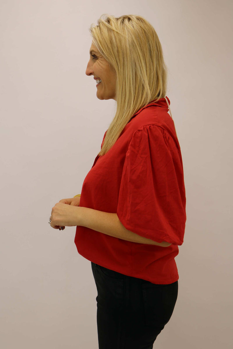 Puff Sleeve Button Top, Ribbon Red