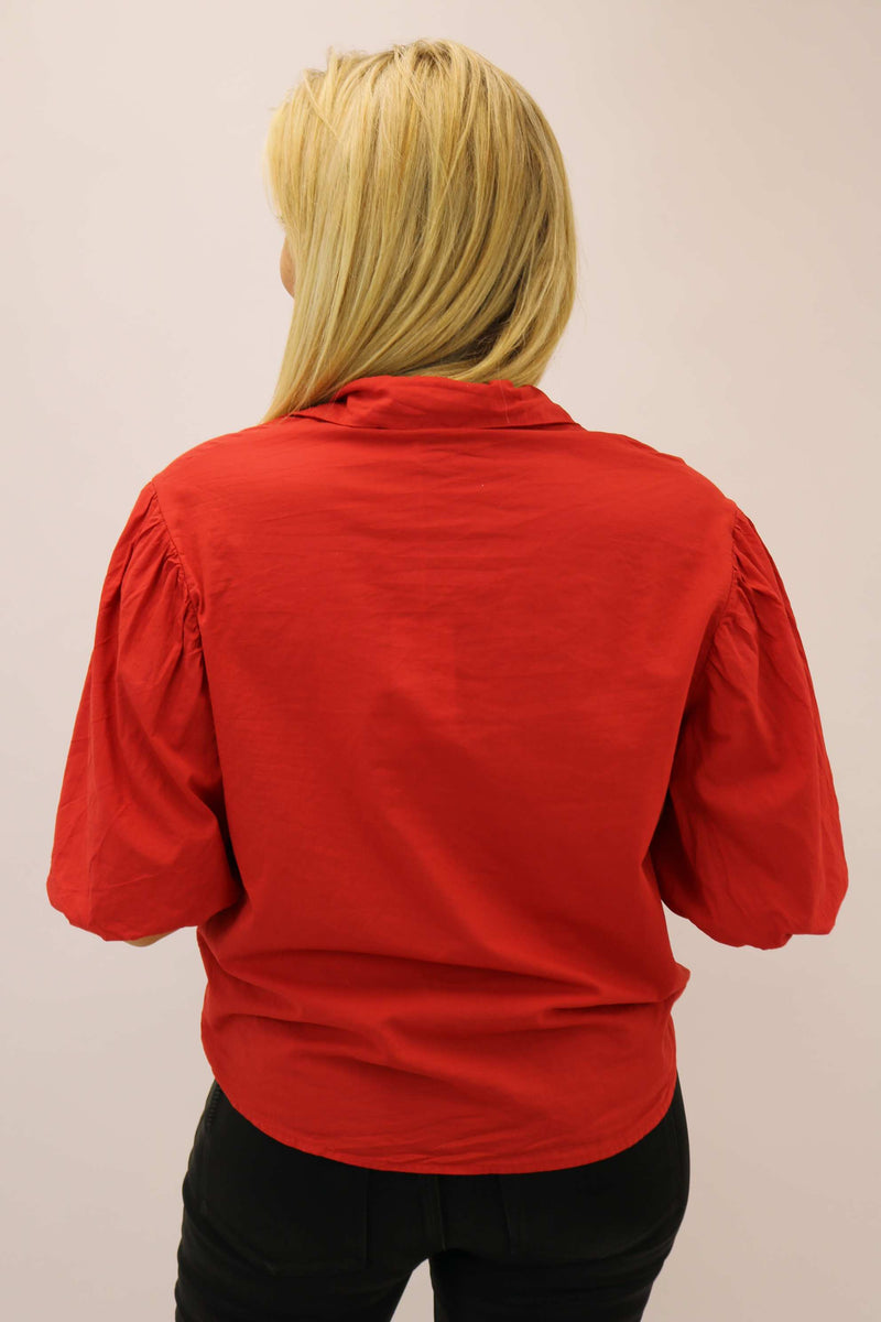 Puff Sleeve Button Top, Ribbon Red