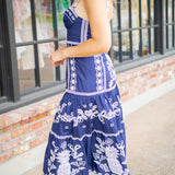 Richelieu Embroidered Midi Dress, Blue/White