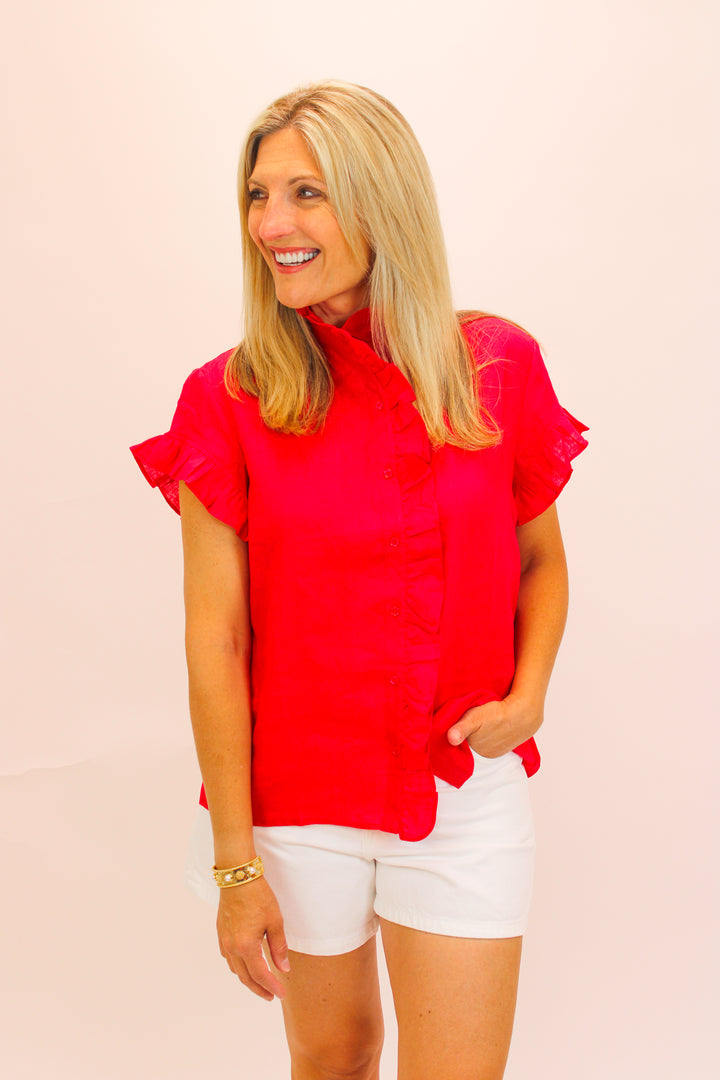 Wilma Linen Ruffle Shirt, Red