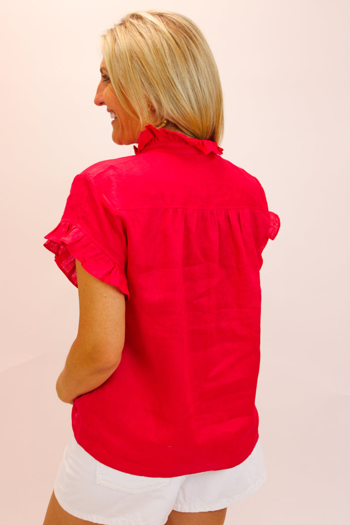 Wilma Linen Ruffle Shirt, Red