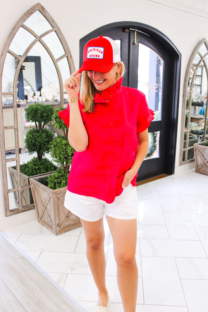 Wilma Linen Ruffle Shirt, Red