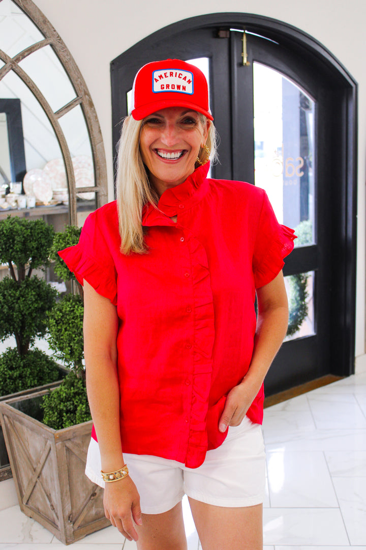Wilma Linen Ruffle Shirt, Red