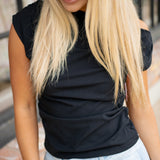 Ribbed Knit Ruched Off-The-Shoulder Top, Classic Black