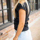 Ribbed Knit Ruched Off-The-Shoulder Top, Classic Black