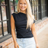 Ribbed Knit Ruched Off-The-Shoulder Top, Classic Black