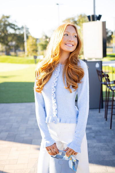 Eowyn Ruffled Cardigan Sweater, Light Blue