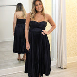 Ascella Sweetheart Pleated Midi Dress, Navy