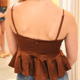 Paislee Satin Pleated Peplum Top, Brown
