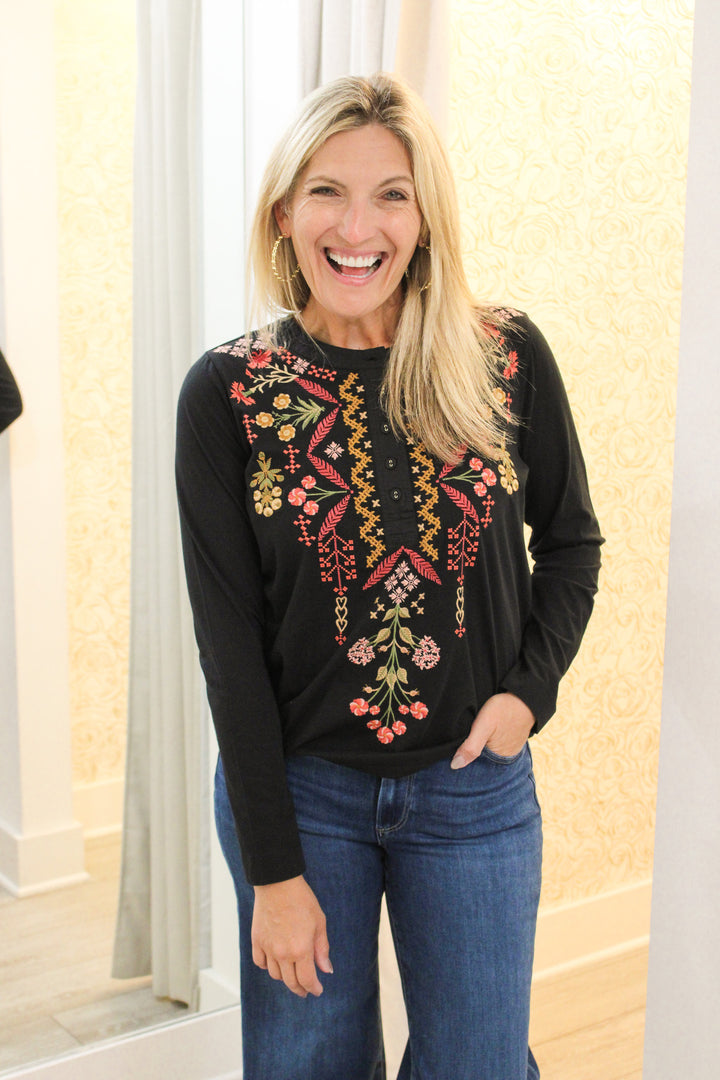 Malaya Mixed Media Henley T-Shirt, Black