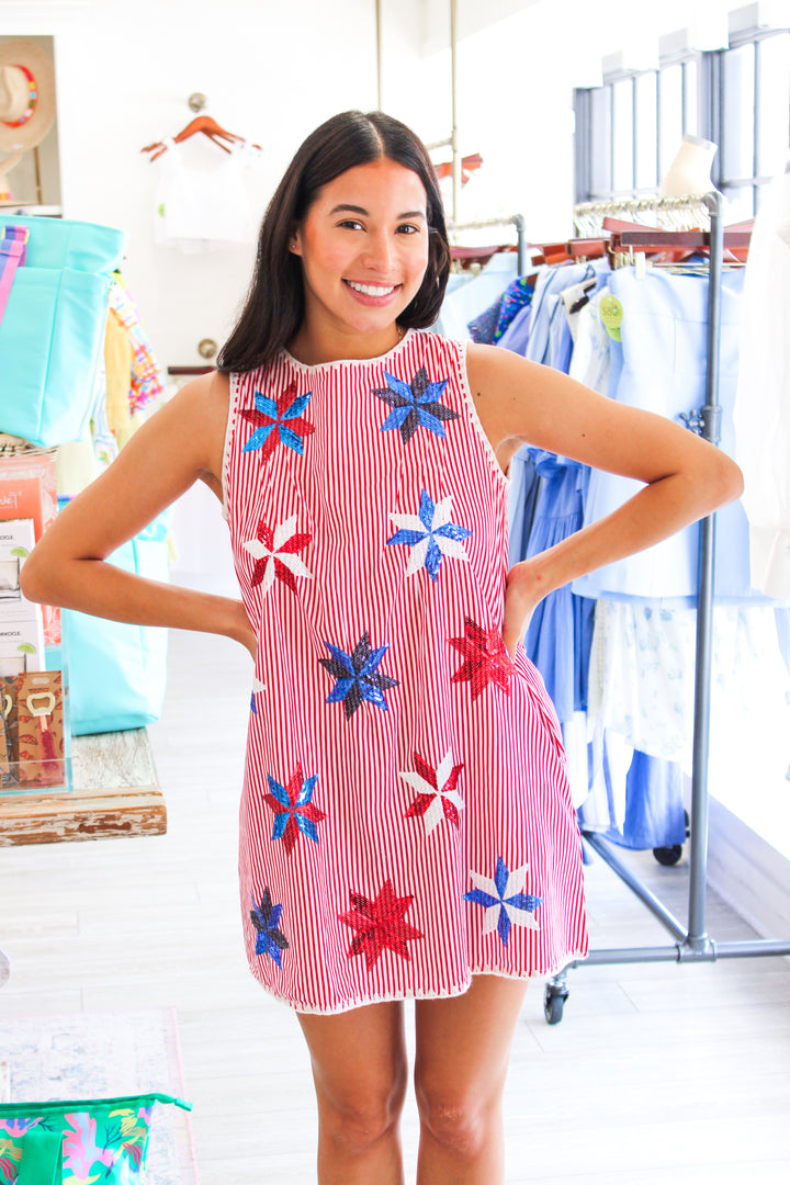 Red & White Stripe Pinwheel Tie Dress