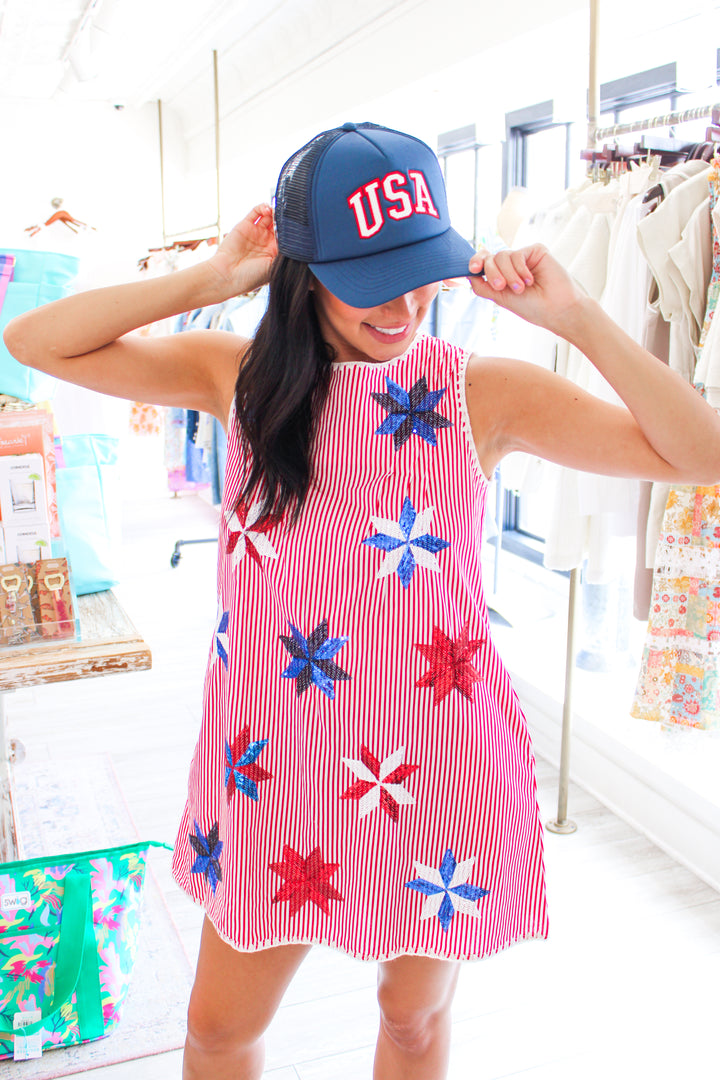 Red & White Stripe Pinwheel Tie Dress