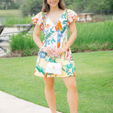 Melody Puff Sleeve Romper, Enchanted Tropics