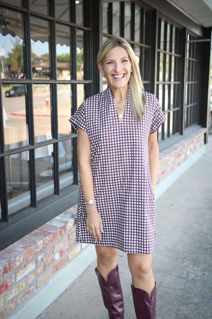 Nancy Dress, Maroon Tiny Check
