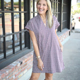 Nancy Dress, Maroon Tiny Check