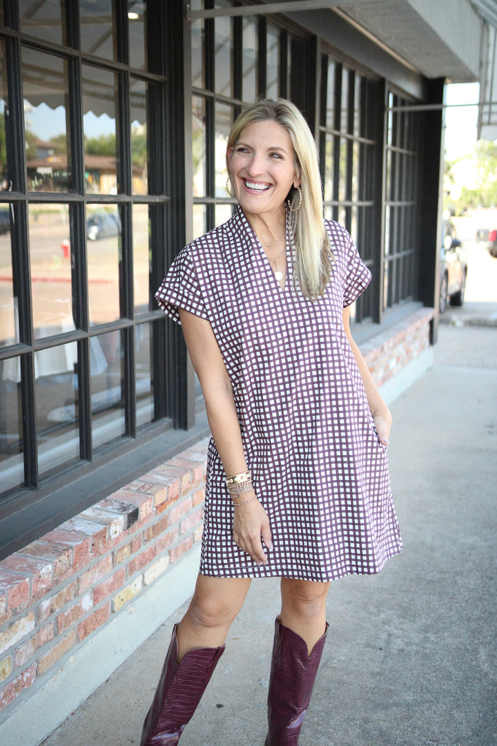 Nancy Dress, Maroon Tiny Check