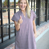 Nancy Dress, Maroon Tiny Check