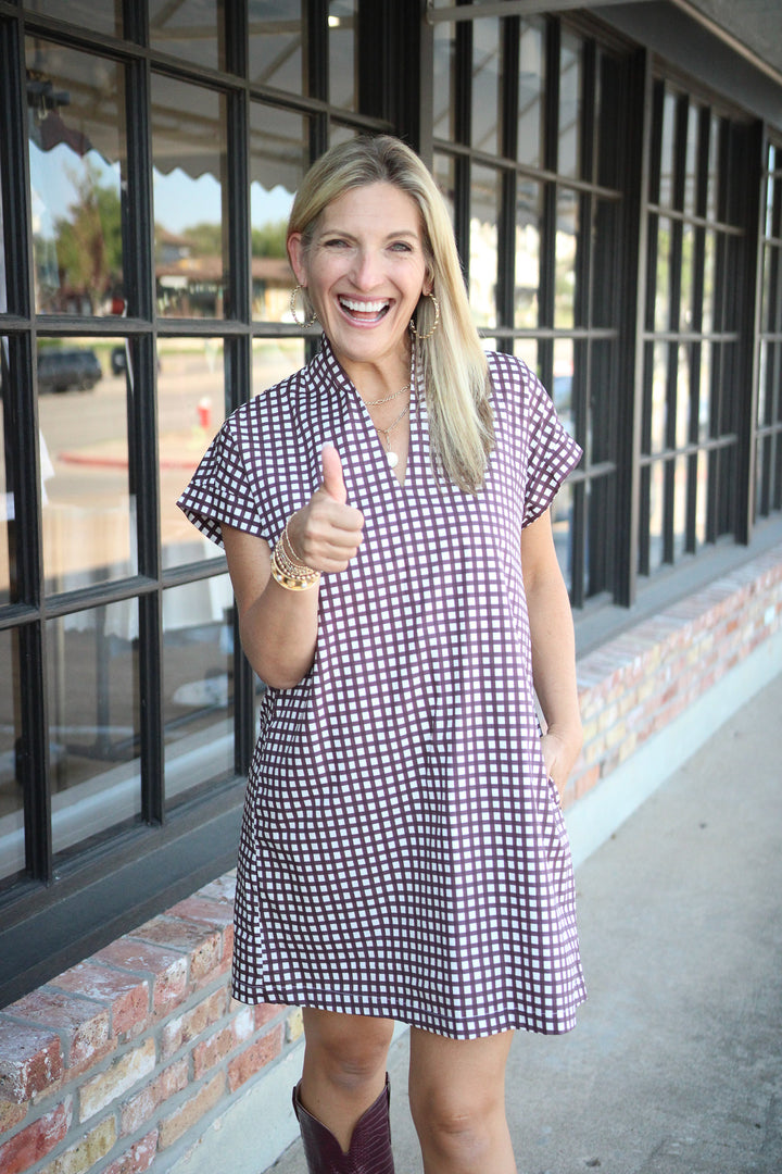 Nancy Dress, Maroon Tiny Check