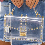 Boys Are Back Rhinestone Studded Clear Bag, Gold