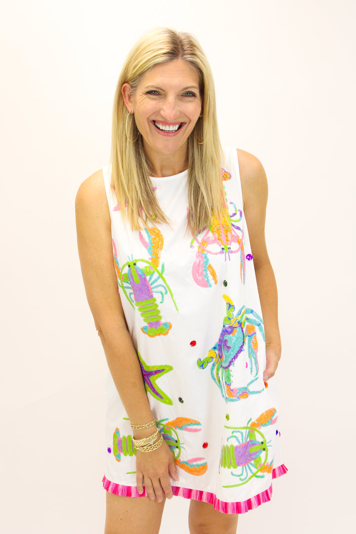 Crab, Starfish & Lobster Tank Fringe Dress, White Multi