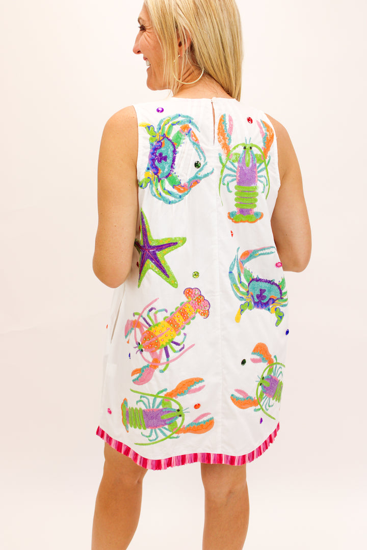 Crab, Starfish & Lobster Tank Fringe Dress, White Multi