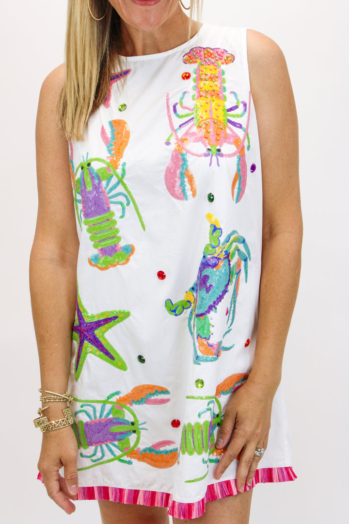 Crab, Starfish & Lobster Tank Fringe Dress, White Multi