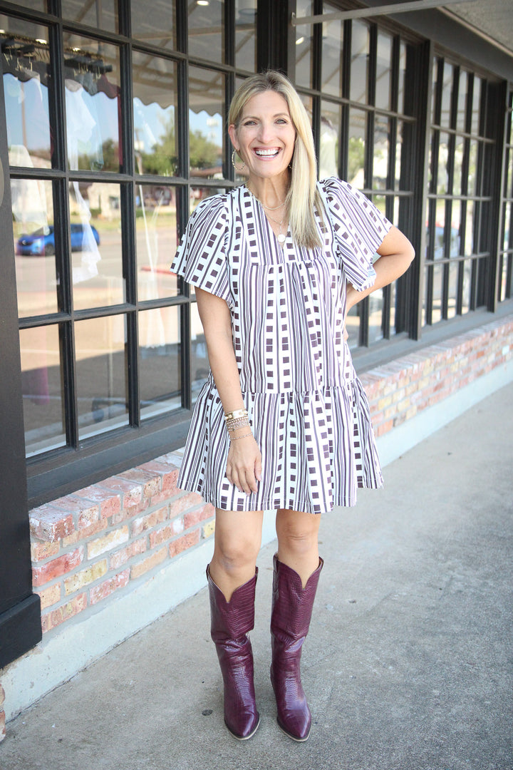 Ophelia Dress, Maroon Block Print