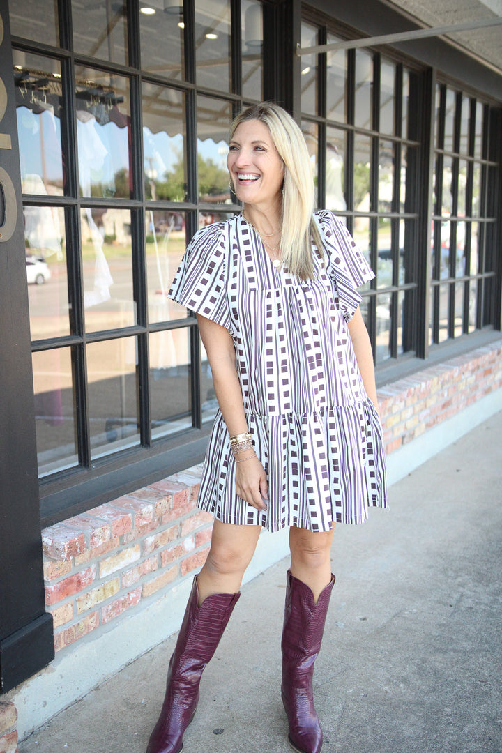 Ophelia Dress, Maroon Block Print