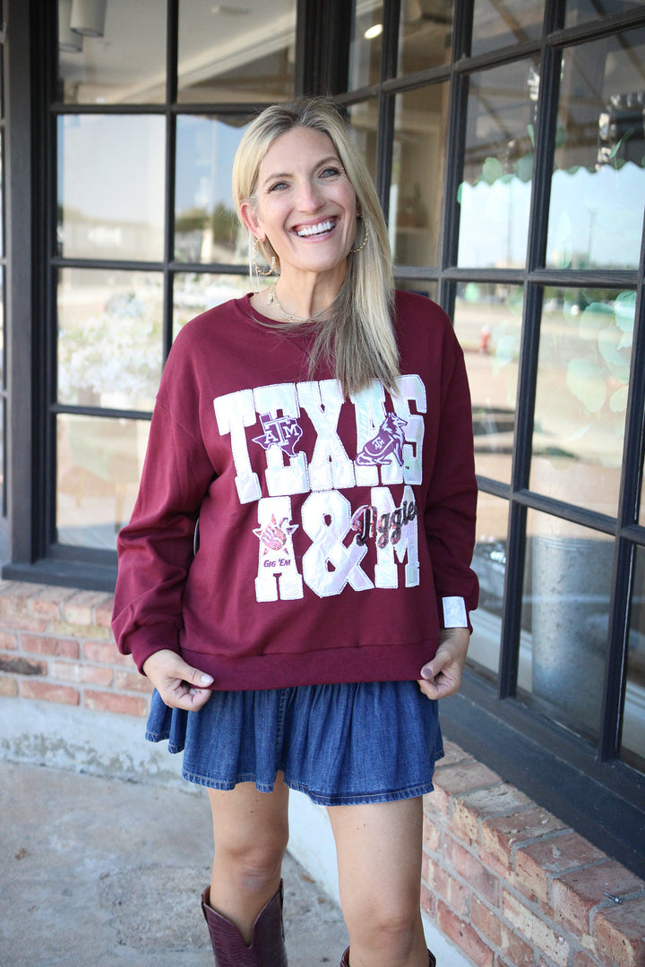 A&M Metallic Word With Icons Sweatshirt, Maroon
