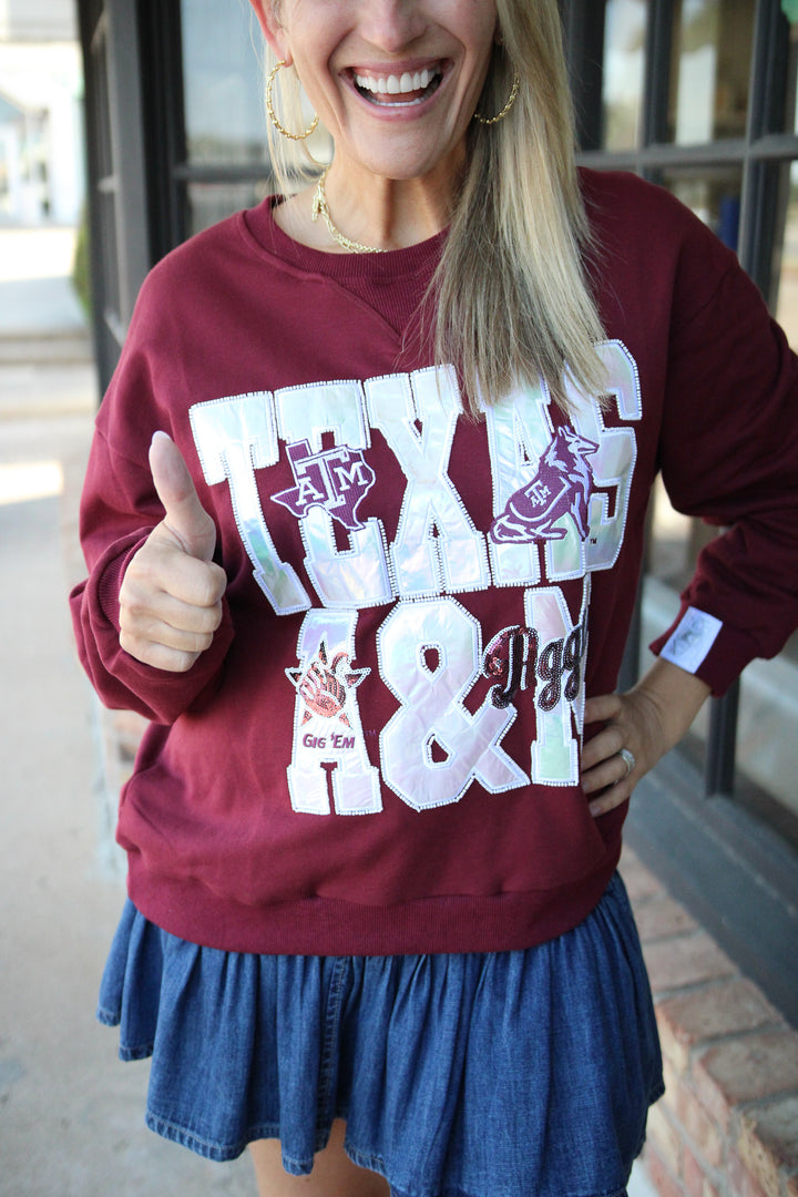 A&M Metallic Word With Icons Sweatshirt, Maroon