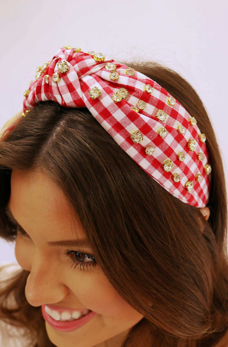 Embellished Gingham Knotted Headband, Red