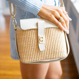 Leather & Rattan Top Handle Bag, Ivory