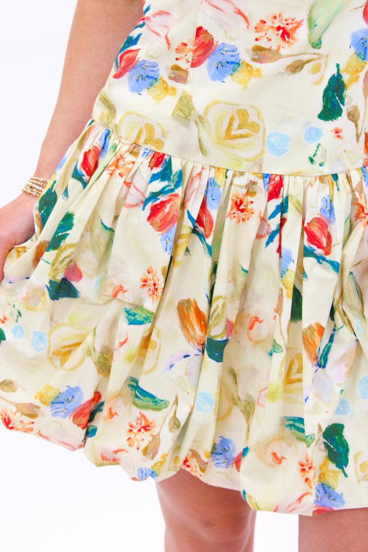 Keyla Drop Waist Bubble Dress, Yellow/Green Floral