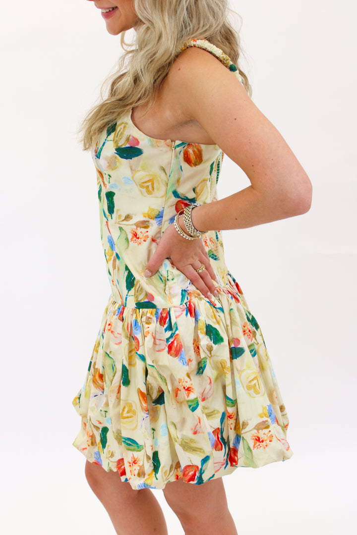 Keyla Drop Waist Bubble Dress, Yellow/Green Floral